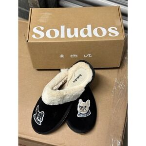 Soludos‎ Women's Slippers Faux Fur Black Dog Embroidered Cozy Shoes